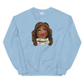 Blue sweatshirt featuring the Illustration of a woman with long hair, resting her chin on her hands, with text banners reading 'What a treat, What a dream.'