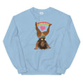 Blue sweatshirt featuring the Illustration of a woman doing a cartwheelheart with heart and rainbow design elements.