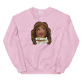 Pink sweatshirt featuring the Illustration of a woman with long hair, resting her chin on her hands, with text banners reading 'What a treat, What a dream.'