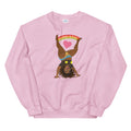 Pink sweatshirt featuring the Illustration of a woman doing a cartwheelheart with heart and rainbow design elements.