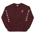 maroon sweatshirt with white rose graphic and bold text on the sleeves