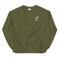 olive green sweatshirt with a white rose embroidery on the front