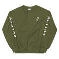 Olive green sweatshirt featuring a rose graphic and text on the sleeves.