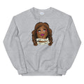 Light grey sweatshirt featuring the Illustration of a woman with long hair, resting her chin on her hands, with text banners reading 'What a treat, What a dream.'