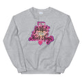 Light grey sweatshirt featuring colorful pink text saying 'I'm perfect, I'll never change' and a small heart graphic.