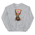 Light grey sweatshirt featuring the Illustration of a woman doing a cartwheelheart with heart and rainbow design elements.