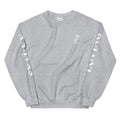 gray sweatshirt with white lettering and rose graphic on the chest and sleeves