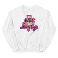 White sweatshirt featuring colorful pink text saying 'I'm perfect, I'll never change' and a small heart graphic.