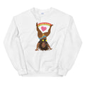 White sweatshirt featuring the Illustration of a woman doing a cartwheelheart with heart and rainbow design elements.