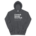 Dark grey hoodie with bold white text: 'Conan & Sona & Gourley & _____.'