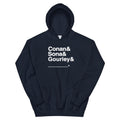 Navy hoodie with bold white text: 'Conan & Sona & Gourley & _____.'