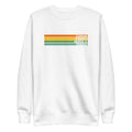 White sweatshirt with orange, green, and blue stripes and text that reads 'Conan O'Brien Needs A Friend.'