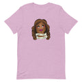 Pink t-shirt featuring an Illustration of a woman with brown hair and bold makeup, featuring a banner with the text 'What A Treat, What A Dream.'