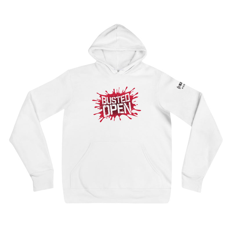 White hoodie featuring red splattered graphic with the text 'BUSTED OPEN.'