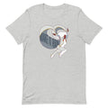 Grey t-shirt featuring illustrated character in dynamic pose with text design saying 'Make It Rain.'