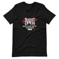 Black t-shirt with text 'BUSTED OPEN your text here CHAPTER EST. 2009' and red splatter graphic.