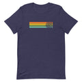 Navy t-shirt with orange, green, and blue stripes and text that reads 'Conan O'Brien Needs A Friend.'