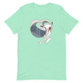 Mint green t-shirt featuring illustrated character in dynamic pose with text design saying 'Make It Rain.'