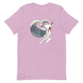 Pink t-shirt featuring illustrated character in dynamic pose with text design saying 'Make It Rain.'