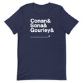 Navy T-shirt with bold white text: 'Conan & Sona & Gourley & _____.'