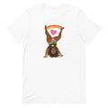 White t-shirt featuring the Illustration of a woman doing a cartwheelheart with heart and rainbow design elements.