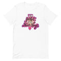 White t-shirt with colorful pink text saying 'I'm perfect, I'll never change' and a small heart graphic.