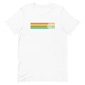 White t-shirt with orange, green, and blue stripes and text that reads 'Conan O'Brien Needs A Friend.'