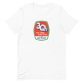 White t-shirt featuring a retro logo that reads '3Qs THE THREE QUESTIONS WITH ANDY RICHTER.'