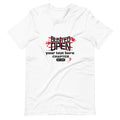 White t-shirt with text 'BUSTED OPEN your text here CHAPTER EST. 2009' and red splatter graphic.